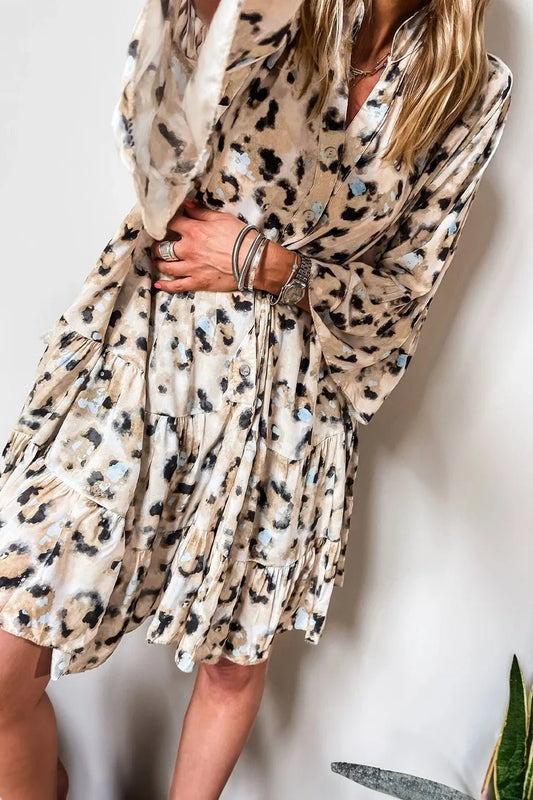 Leopard Print Buttoned Front 3/4 Sleeve Tiered Ruffled Hem Dress - adritiX