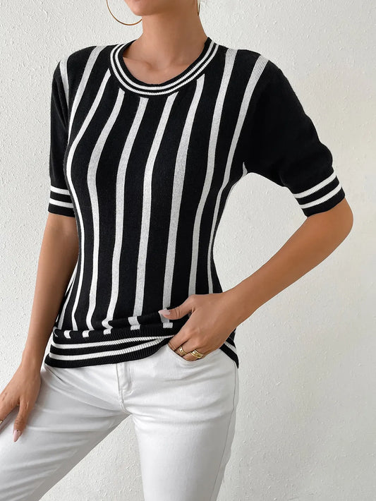 Striped Round Neck Half Sleeve Knit Top - adritiX