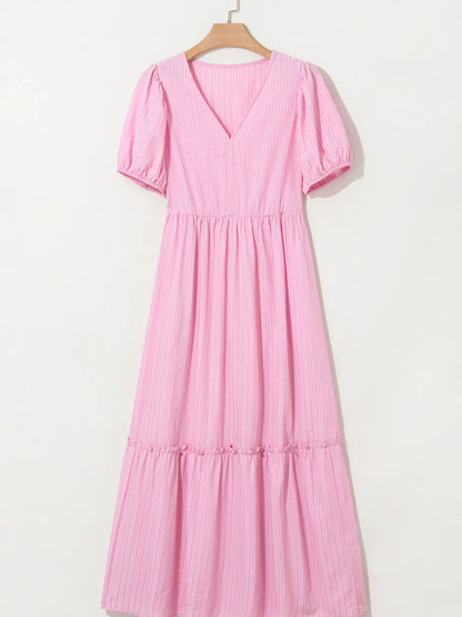 Striped Puff Sleeve V-Neck Maxi Dress - adritiX