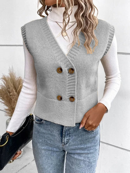 Full Size Button Up V-Neck Sweater Vest - adritiX