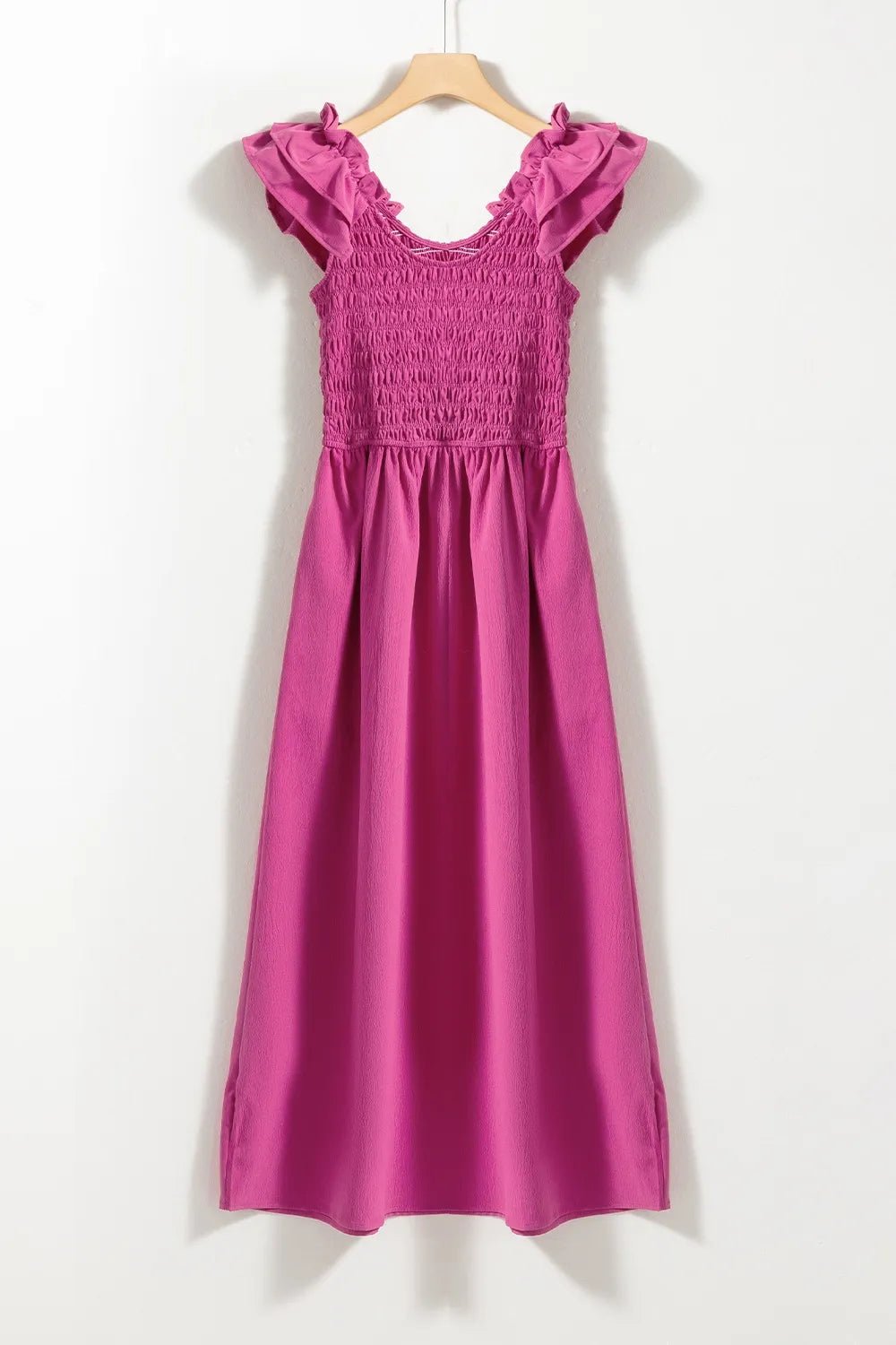 Solid Color Ruffled Straps Smocked Ruched Maxi Dress - adritiX