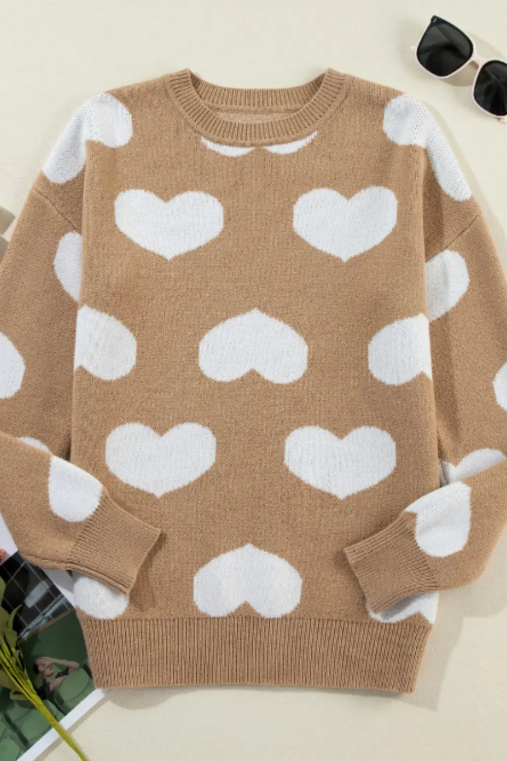 Heart Round Neck Long Sleeve Sweater - adritiX