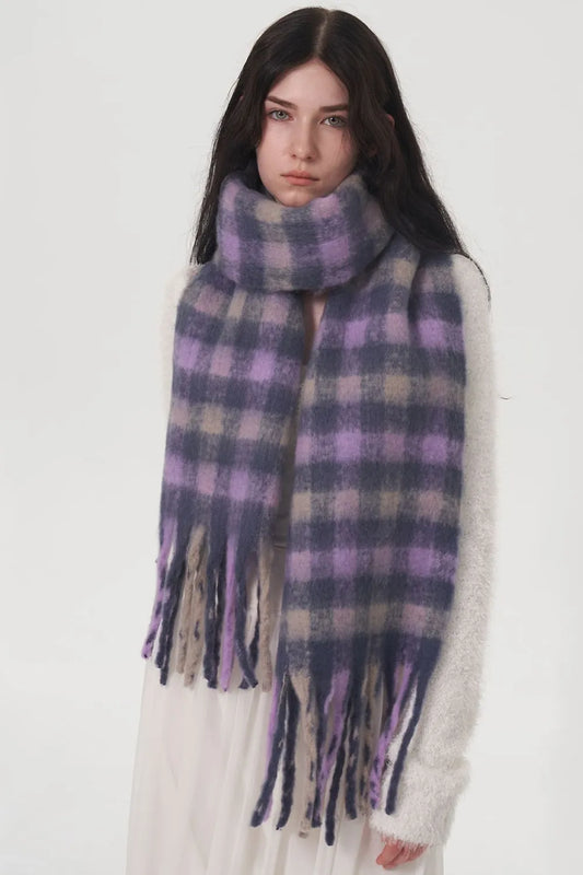 Fringe Plaid Polyester Scarf - adritiX