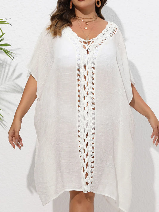 Crochet Trim V-Neck Beach Cover Up Dress - adritiX