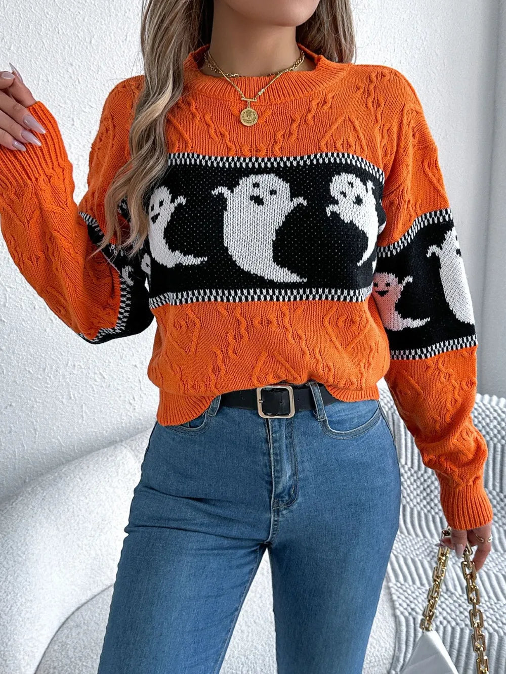 Ghost Round Neck Long Sleeve Sweater - adritiX