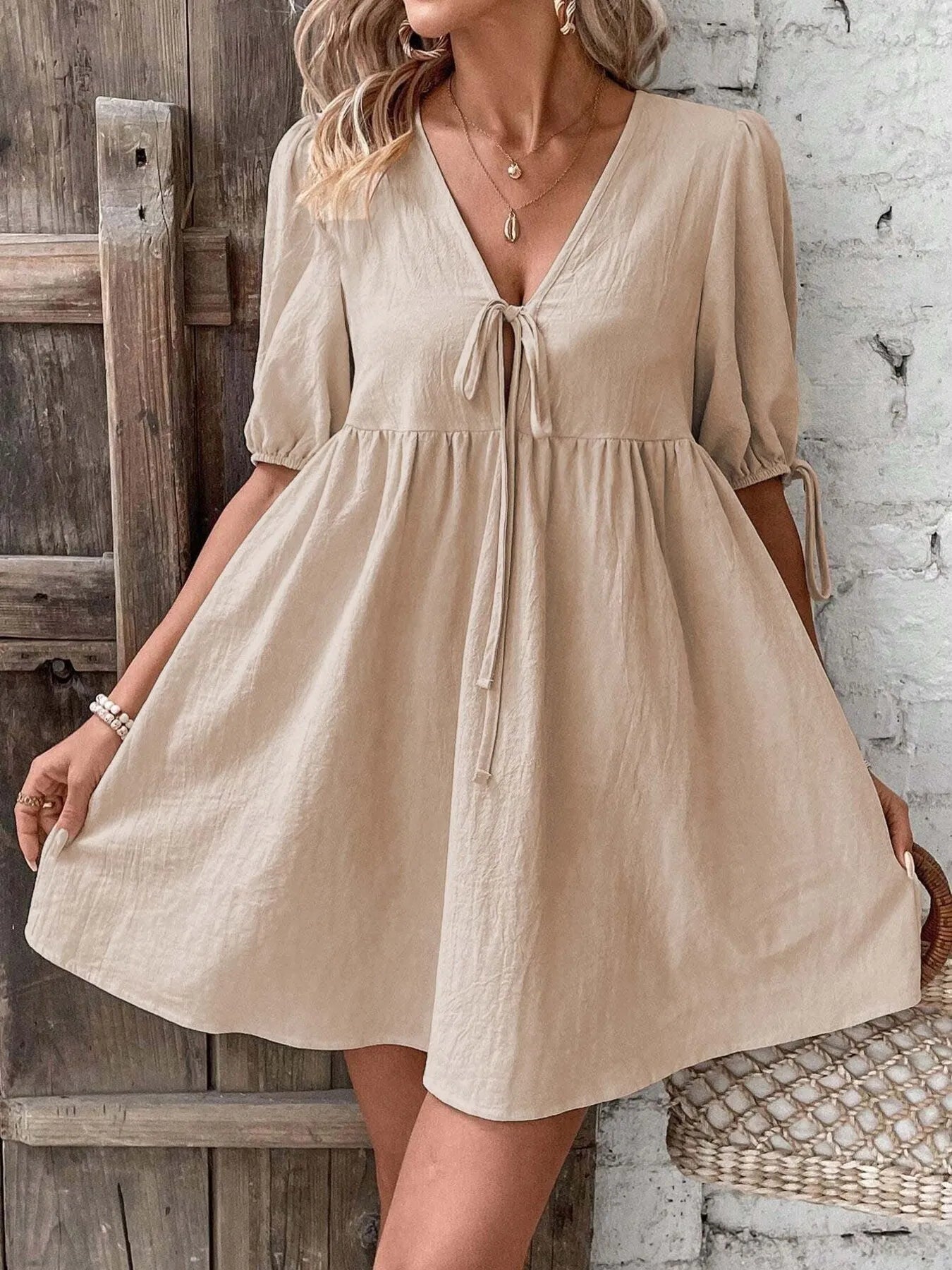 V-Neck Tie-Front Mini Dress with Puff Sleeves - adritiX