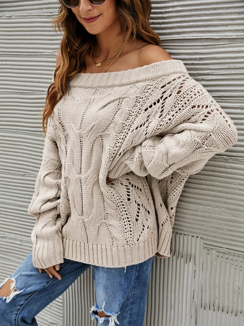 Cable Knit Openwork Off-Shoulder Sweater - adritiX