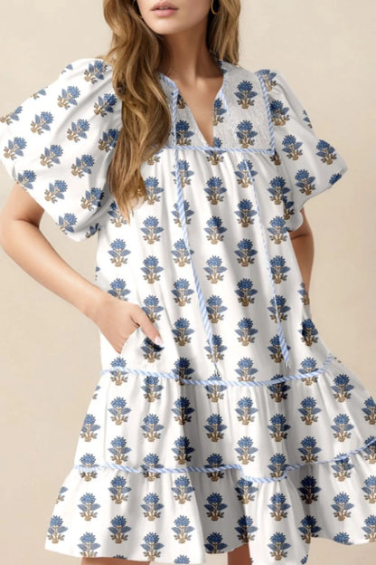 Elegant Floral Puff Sleeve Mini Dress with Pockets - adritiX
