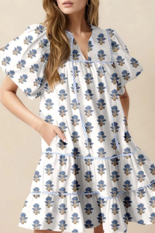 Elegant Floral Puff Sleeve Mini Dress with Pockets - adritiX