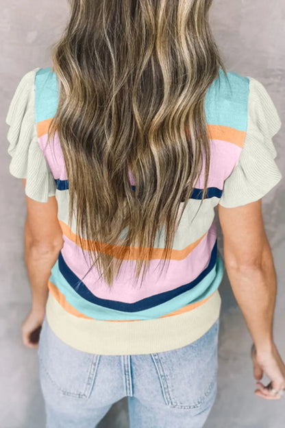 Color Block Round Neck Cap Sleeve Knit Top - adritiX