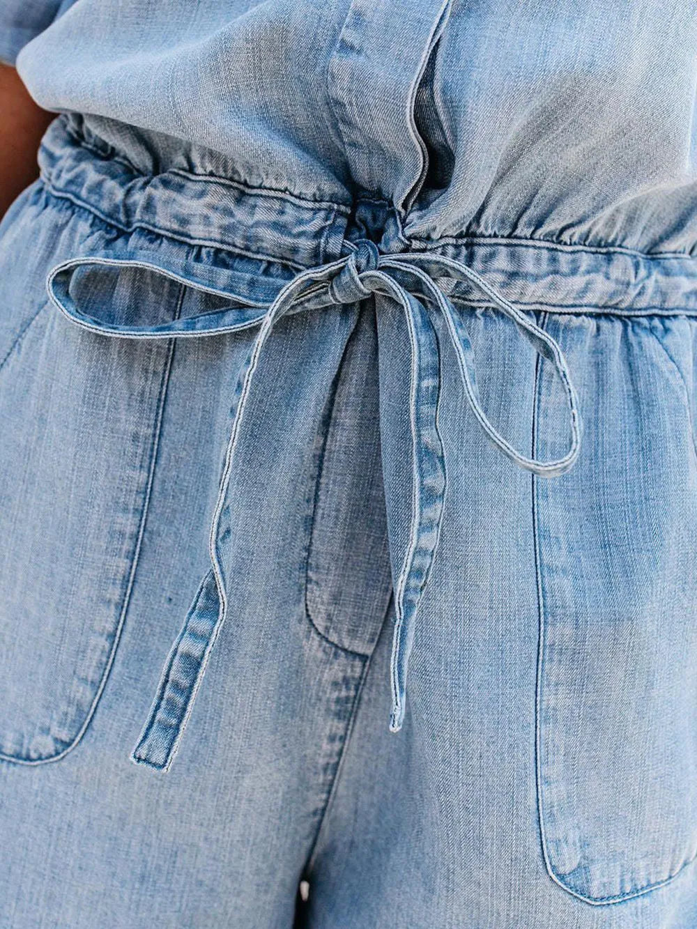 Elegant Drawstring Half Button Half Sleeve Denim Romper - adritiX