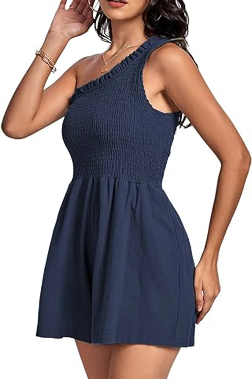 Elegant Smocked Single Shoulder Romper - adritiX