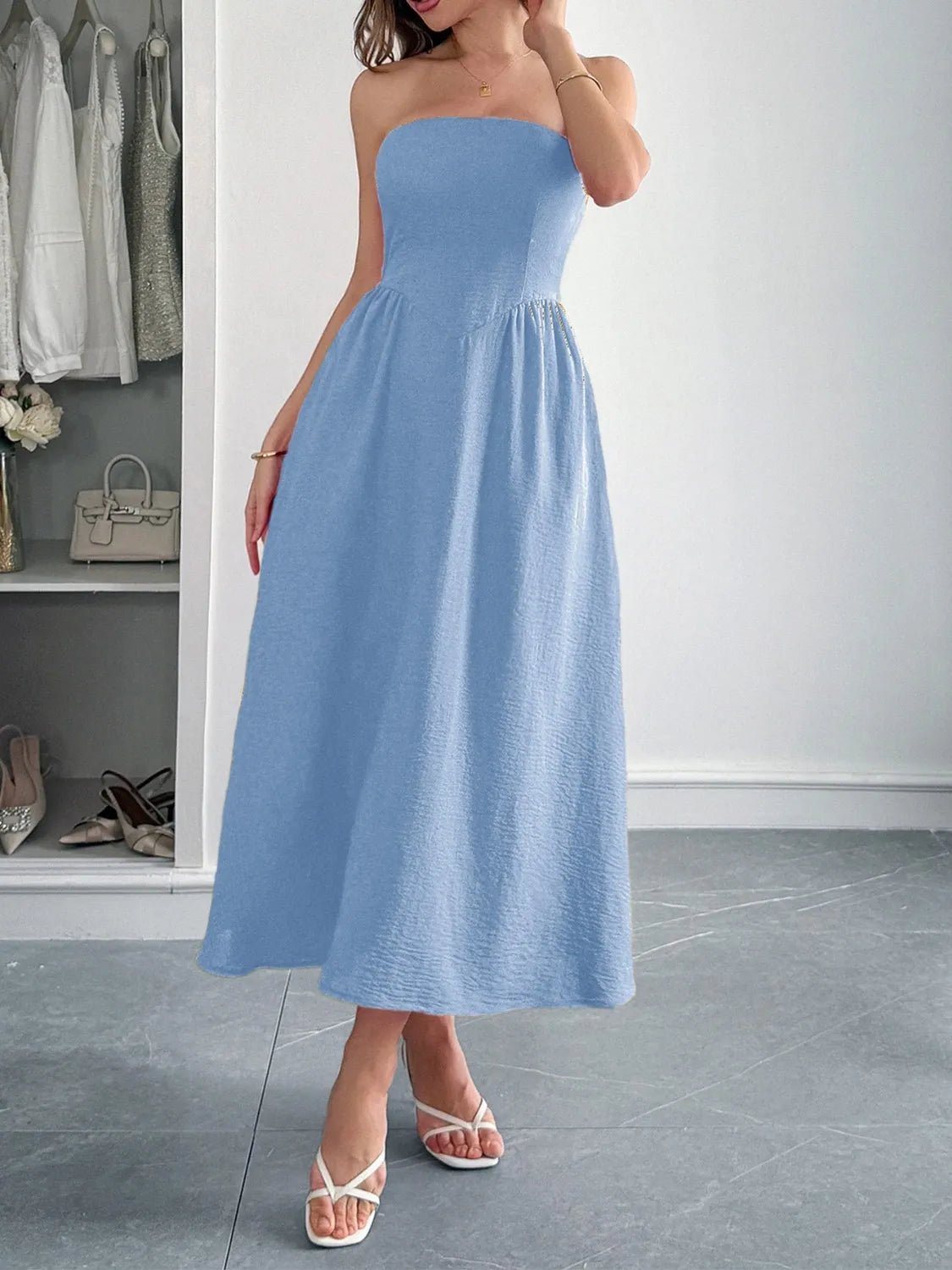Strapless A-Line Midi Dress with Pockets - adritiX