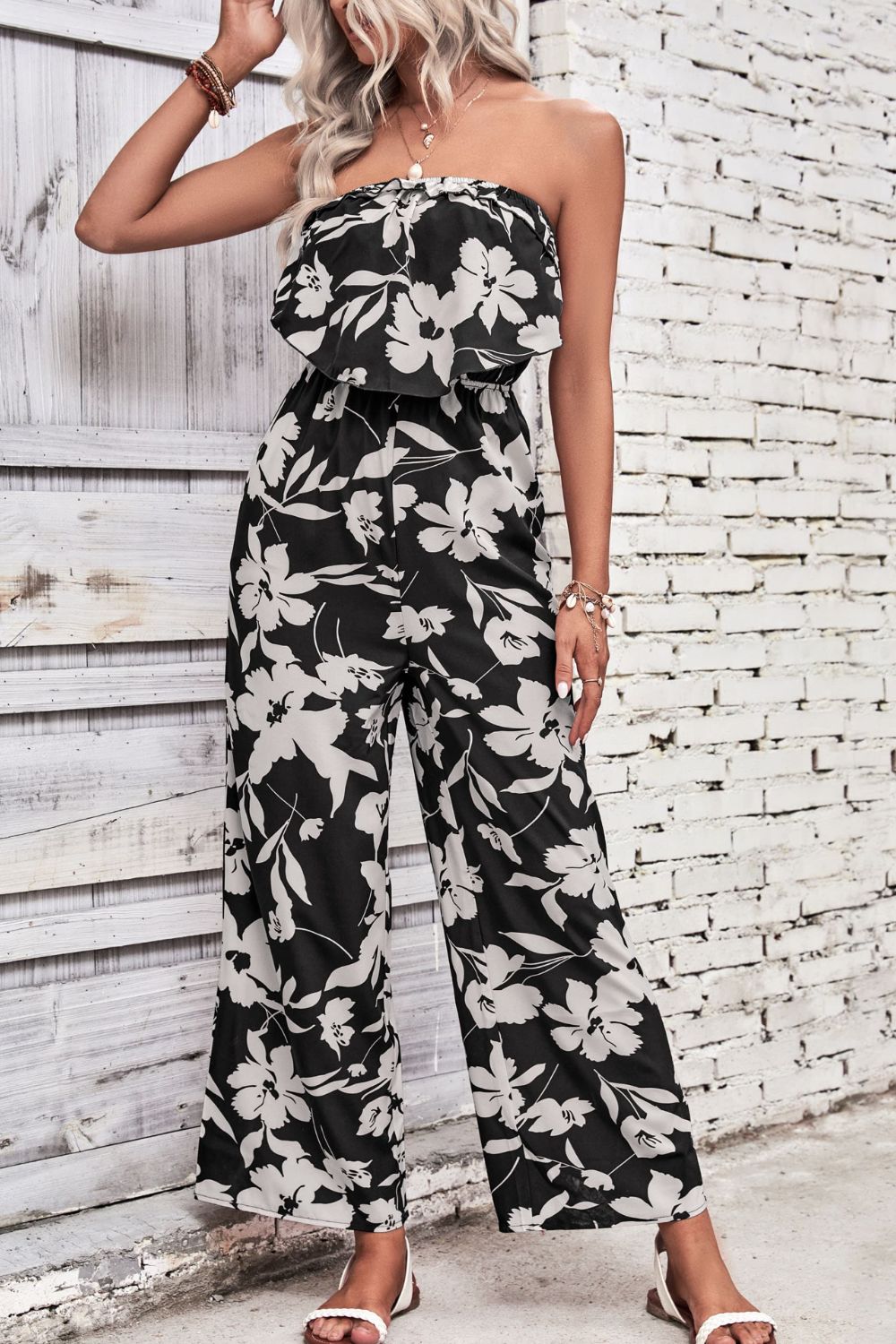 Elegant Perfee Floral Strapless Wide Leg Jumpsuit - adritiX