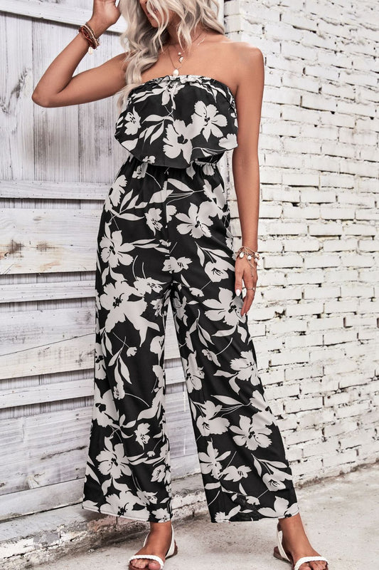 Elegant Perfee Floral Strapless Wide Leg Jumpsuit - adritiX