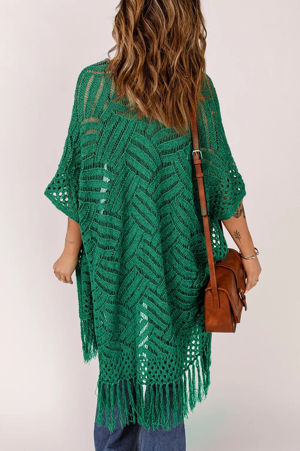 Openwork Open Front Cardigan with Fringes - adritiX