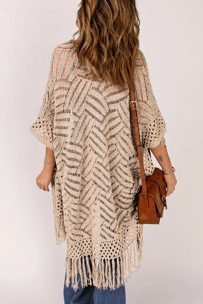 Openwork Open Front Cardigan with Fringes - adritiX