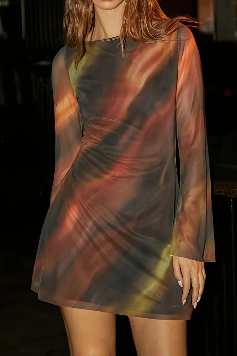 Tie Dye Print Long Sleeve Bodycon Mini Dress - adritiX