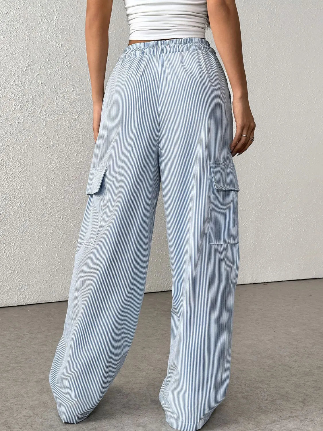 Drawstring Striped Wide Leg Cargo Pants - adritiX