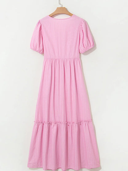 Striped Puff Sleeve V-Neck Maxi Dress - adritiX