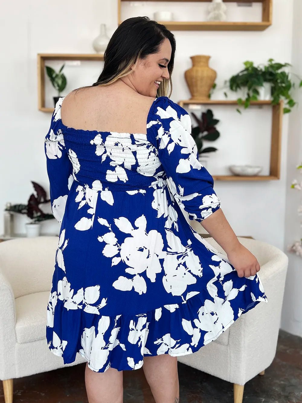 Double Take Full Size Floral Ruffle Hem Smocked Dress with Pockets - adritiX