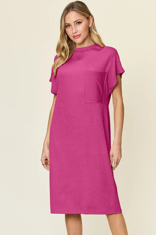 Double Take Full Size Texture Mock Neck Short Sleeve Dress - adritiX