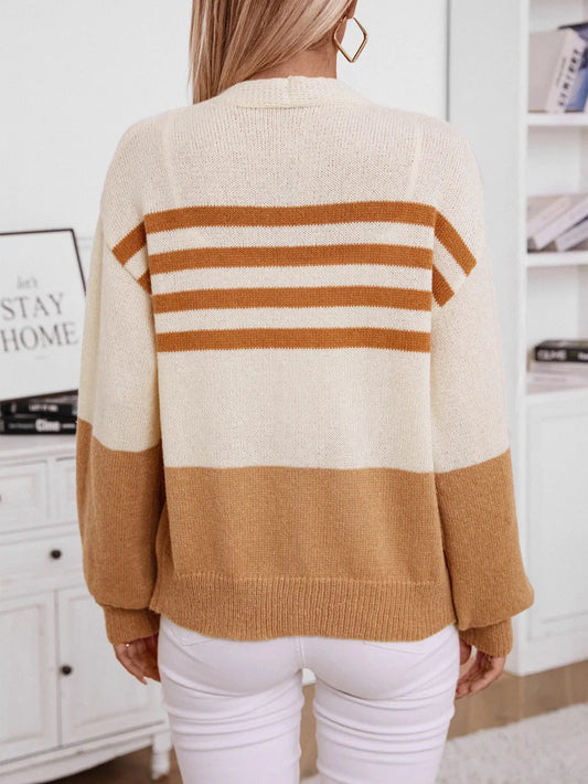 Color Block V-Neck Button Down Long Sleeve Cardigan - adritiX