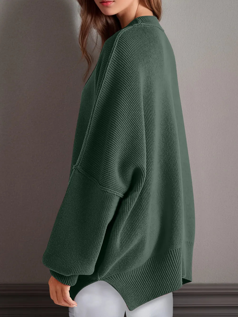Double Take Side Slit Round Neck Long Sleeve Sweater - adritiX