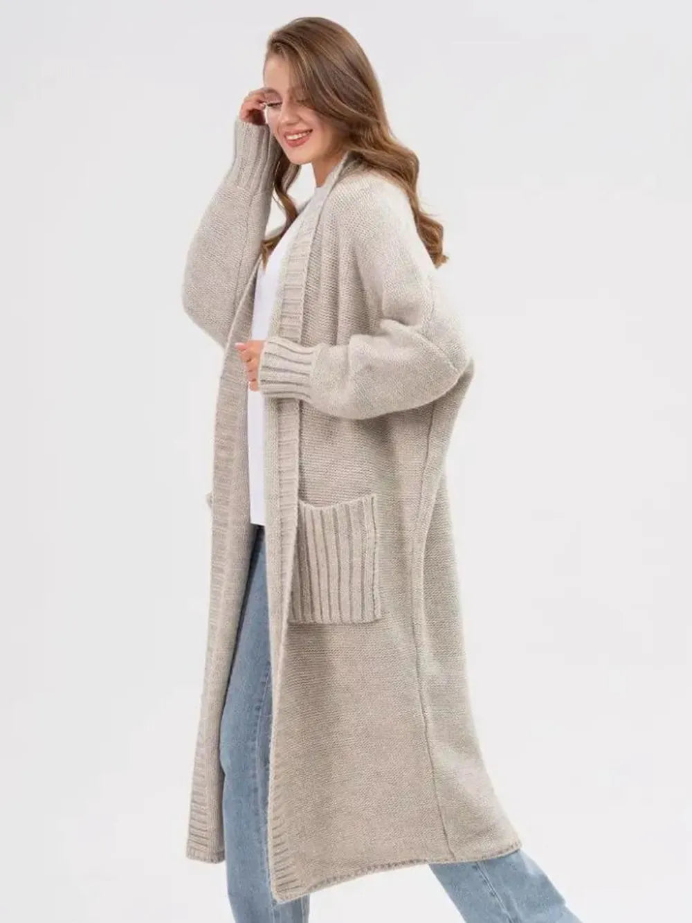 Pocketed Open Front Long Sleeve Longline Cardigan - adritiX