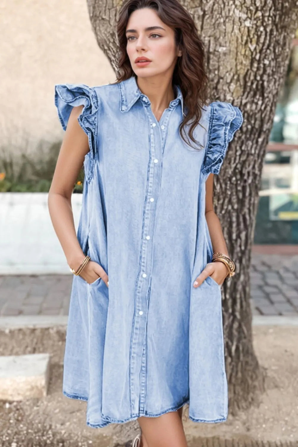 Elegant Ruffled Button Front Cap Sleeve Denim Dress - adritiX