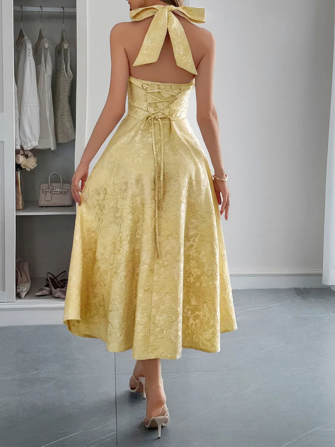 Elegant Halter Neck Midi Dress with Pockets - adritiX