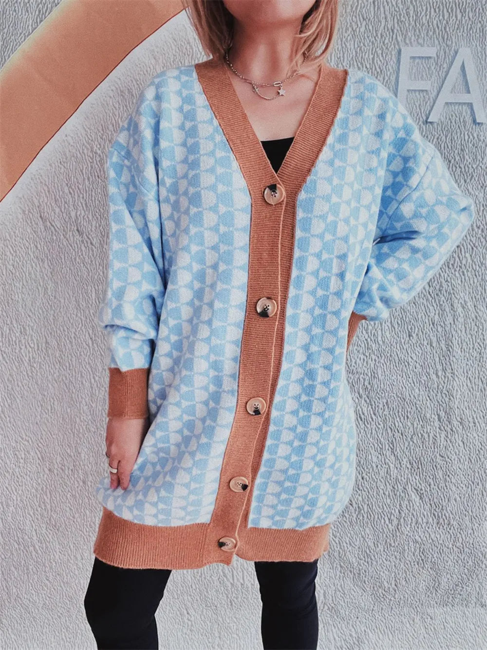 Contrast Trim Geometric Button Down Cardigan - adritiX