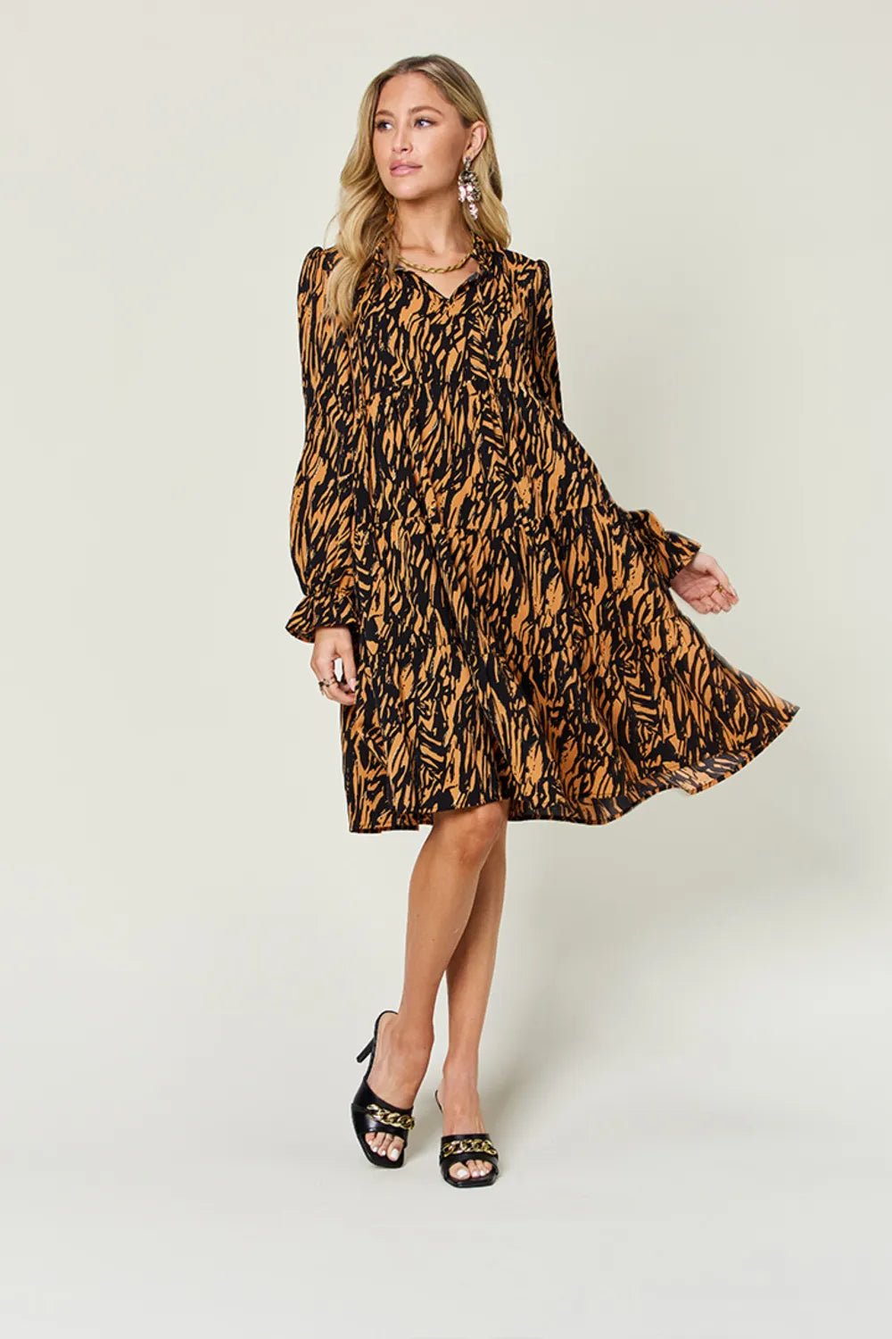 Double Take Full Size Printed Ruffle Hem Long Sleeve Dress - adritiX