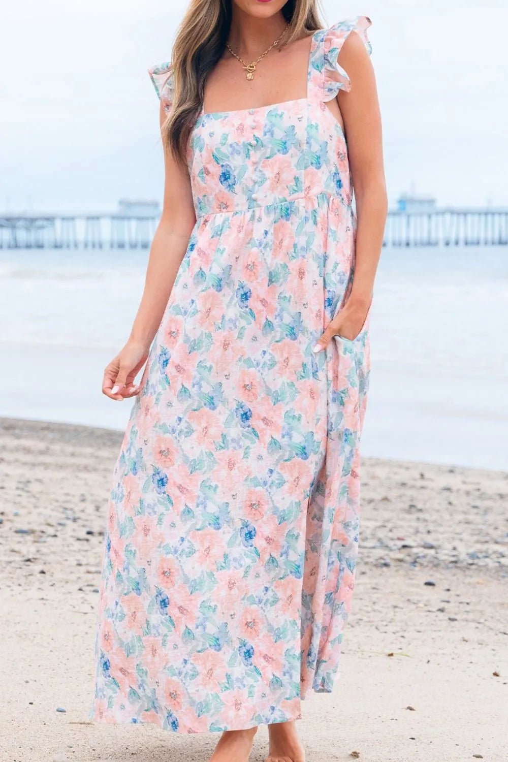 Floral Colorblock Flutter Straps Flowy Dress - adritiX