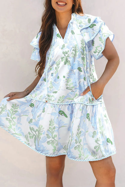 Floral Contrast Edge Layered Short Sleeve Mini Dress - adritiX