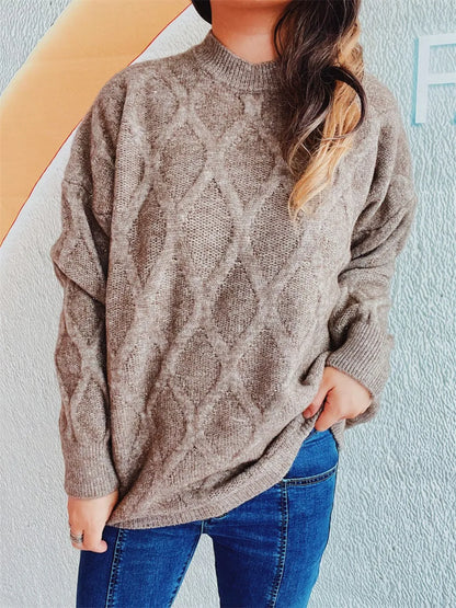 Diamond Round Neck Long Sleeve Sweater - adritiX