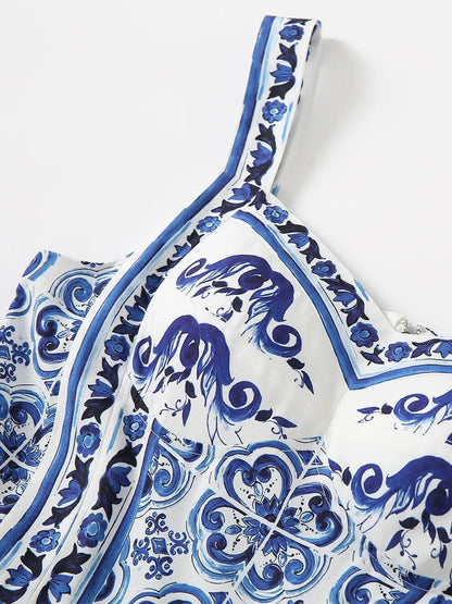 Smocked Printed Wide Strap Dress - adritiX