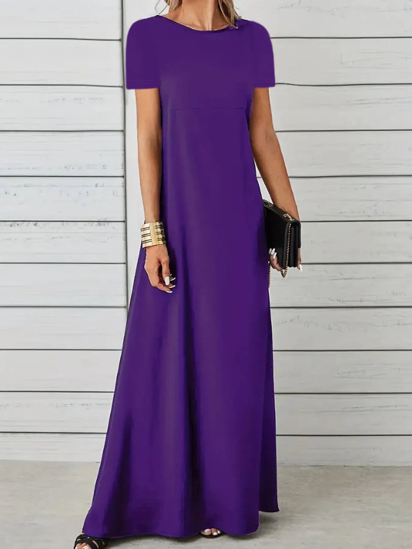 Full Size Round Neck Short Sleeve A-Line Maxi Dress Plus Size - adritiX