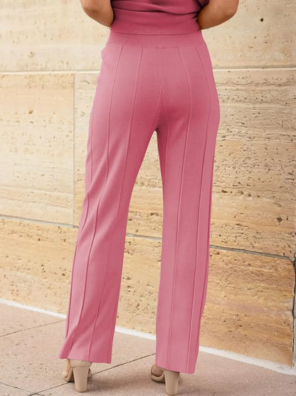 Round Neck Cap Sleeve Top and Pants Knit Set - adritiX