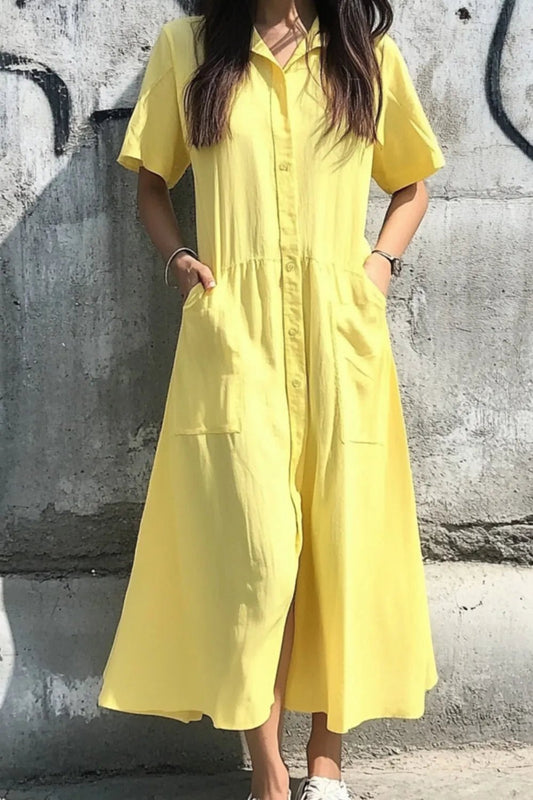 Button Front Short Sleeve Midi Dress - adritiX