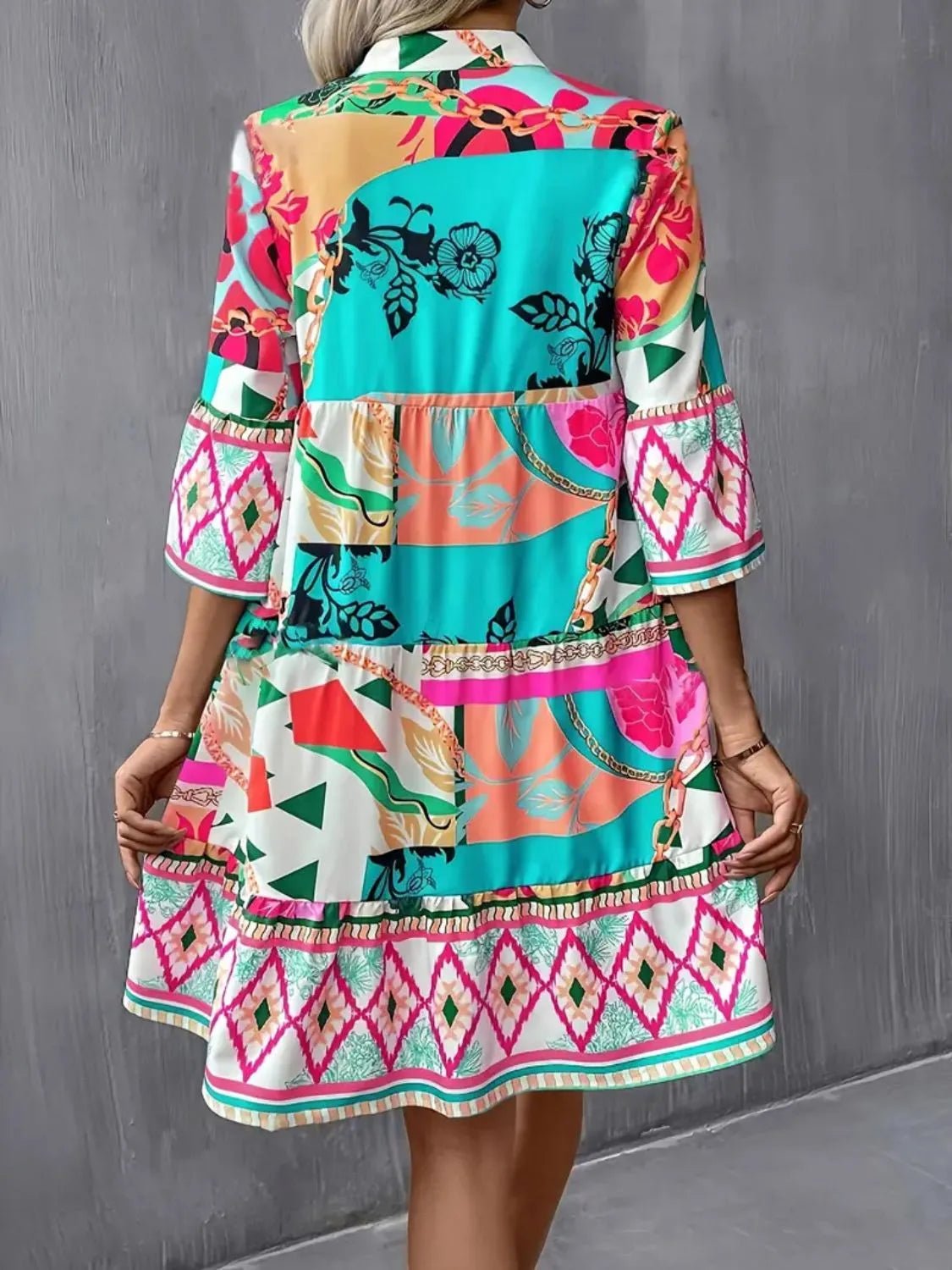 Printed Notched 3/4 Sleeve Tiered Dress - adritiX