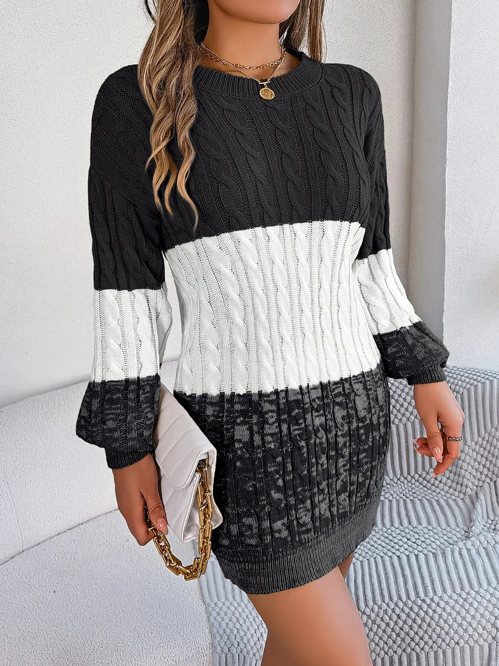 Cable-Knit Round Neck Color Block Sweater Dress - adritiX