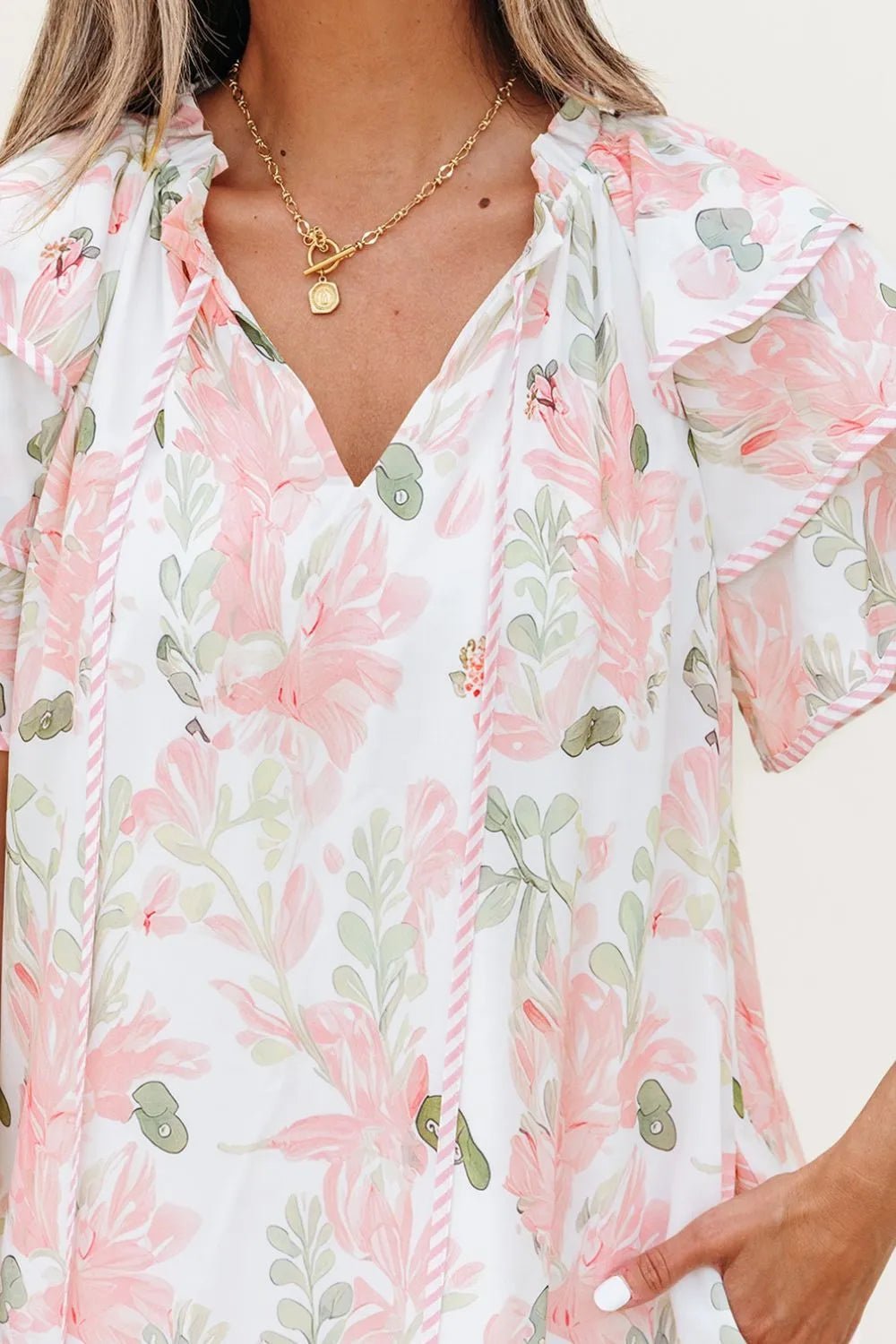 Floral Contrast Edge Layered Short Sleeve Mini Dress - adritiX