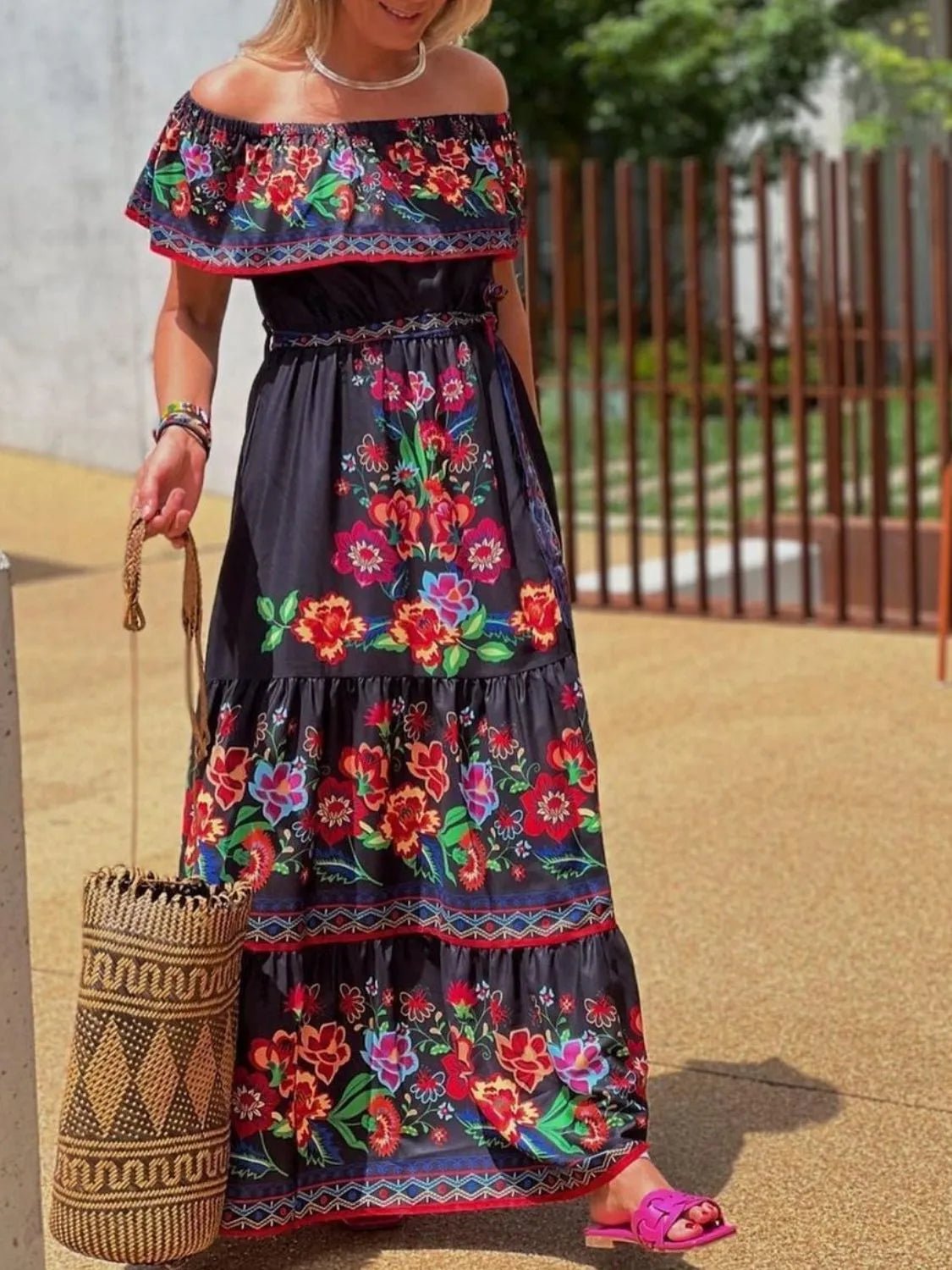 Floral Off Shoulder Ruffle Maxi Dress - adritiX