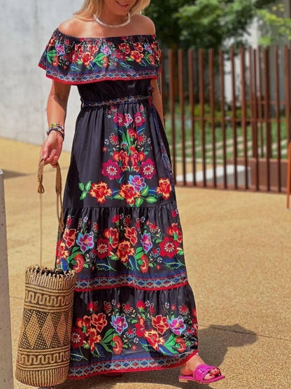 Floral Off Shoulder Ruffle Maxi Dress - adritiX