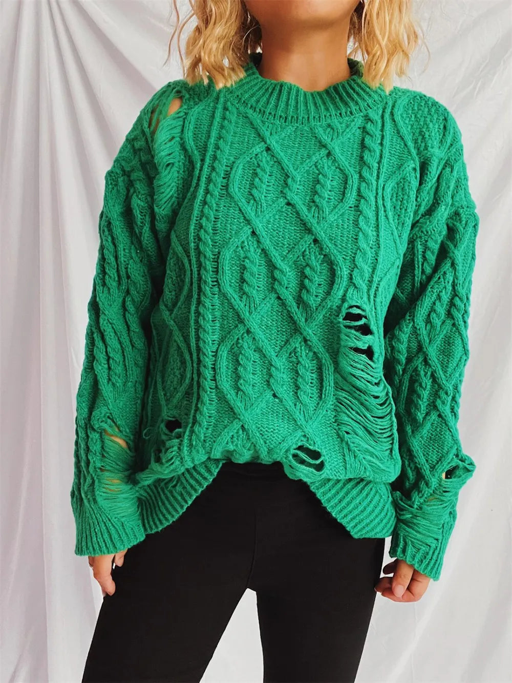 Distressed Cable-Knit Round Neck Long Sleeve Sweater - adritiX