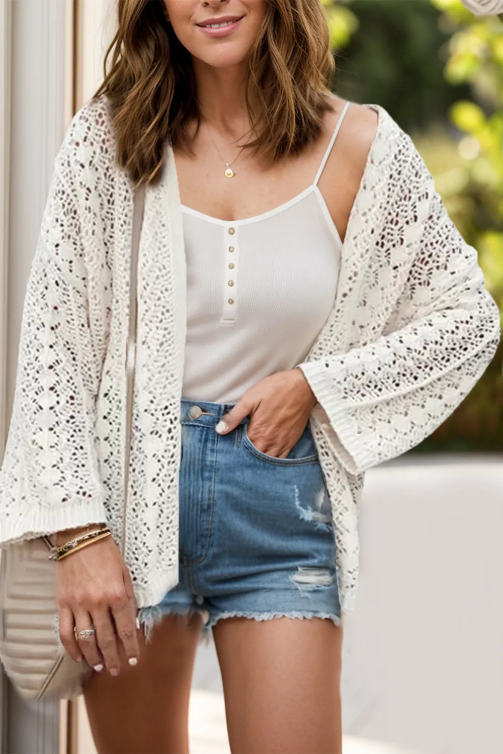 Openwork Open Front Dropped Shoulder Cardigan - adritiX