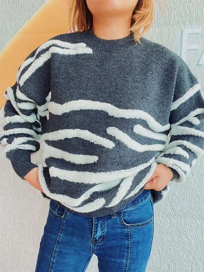 Elegant Contrast Round Neck Long Sleeve Sweater - adritiX