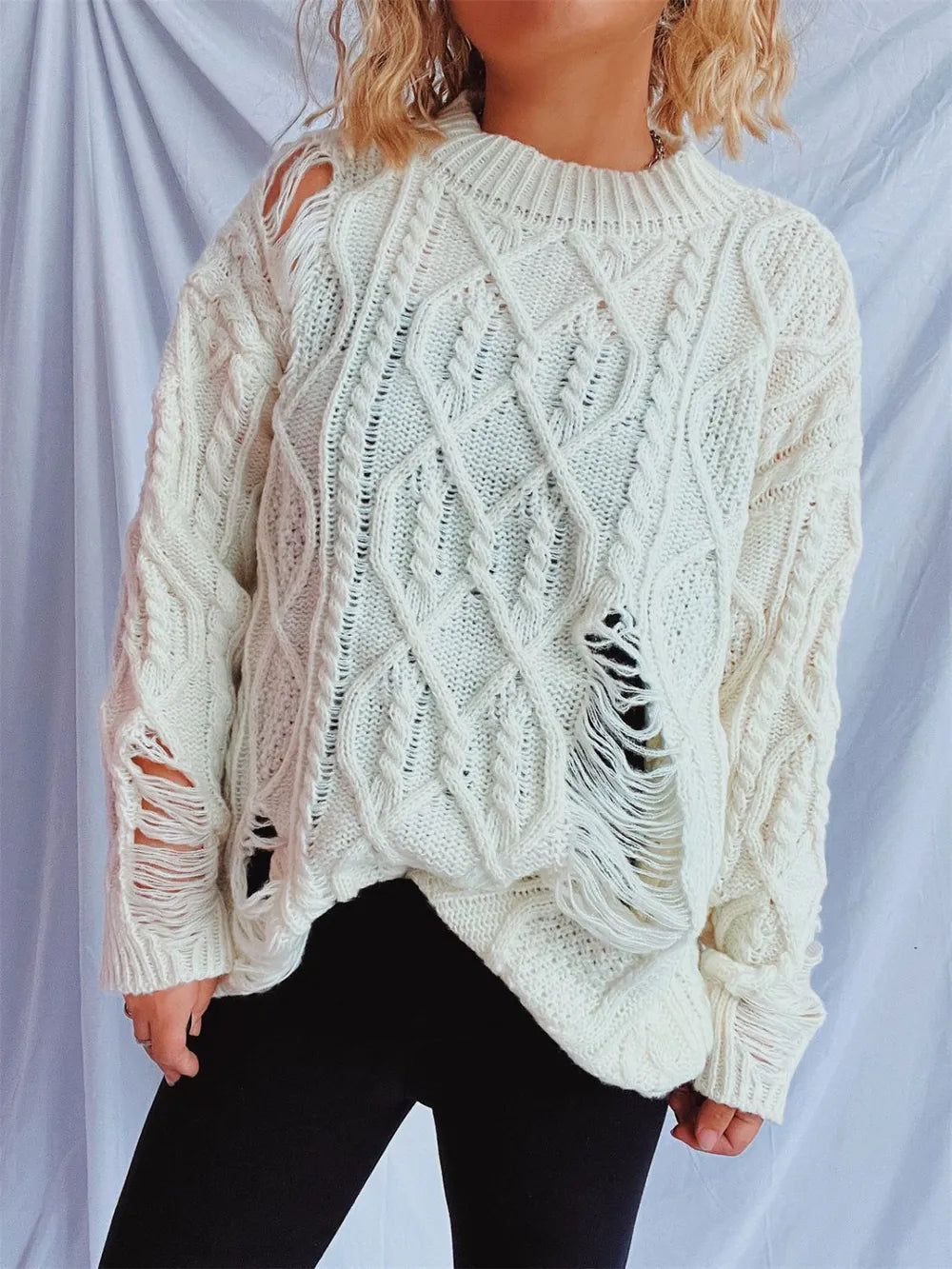 Distressed Cable-Knit Round Neck Long Sleeve Sweater - adritiX