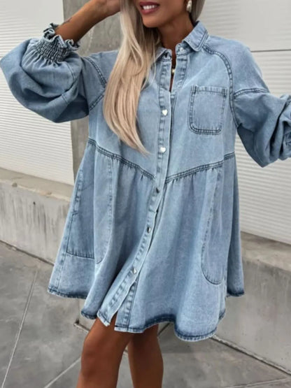 Oversized Long Sleeve Button-Up Denim Dress - adritiX